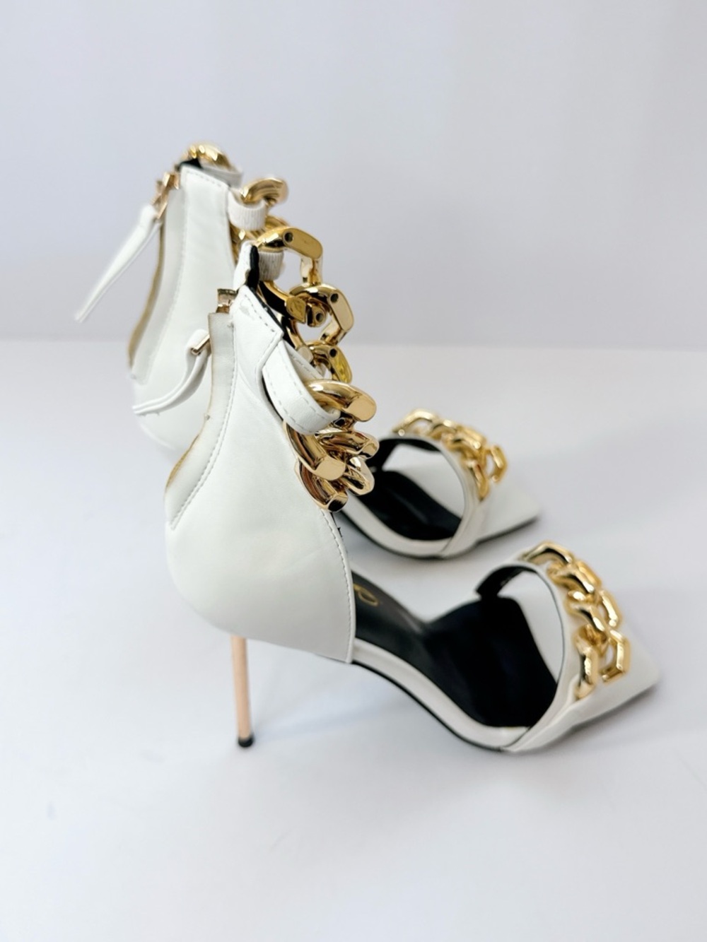 Size 7 White Gold Chain Stiletto Heels Women’s Square Toe Ankle Strap Pumps - Picture 3 of 11